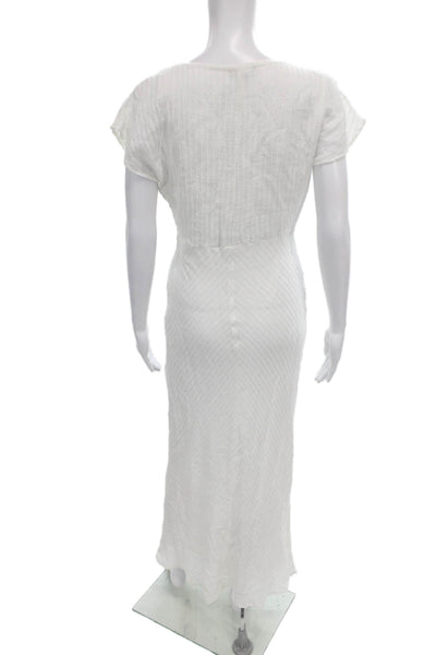William B Women Maxi Dress White Striped V-Neck Short Sleeve Rayon Zip Size M