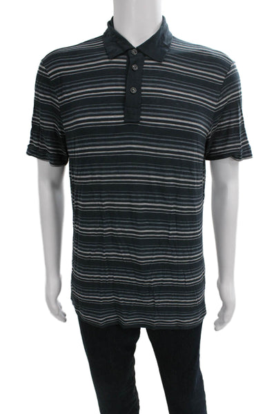 Armani Collezioni Mens Polo Shirt Blue Striped Viscose Collared Button Size 2XL