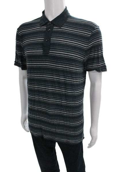 Armani Collezioni Mens Polo Shirt Blue Striped Viscose Collared Button Size 2XL