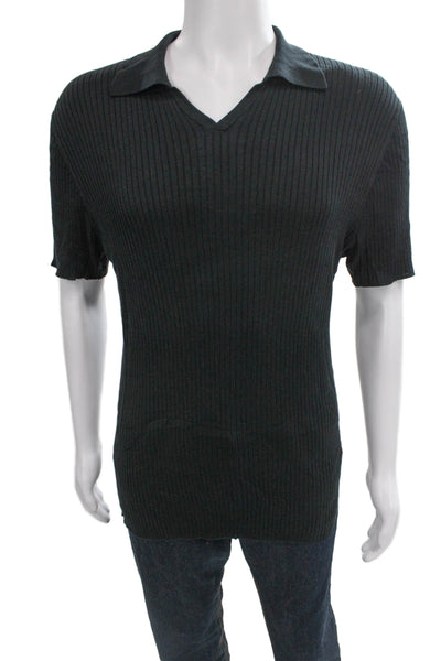 Armani Collezioni Mens Collared Silk Striped T-Shirt Black Short Sleeve Size XL