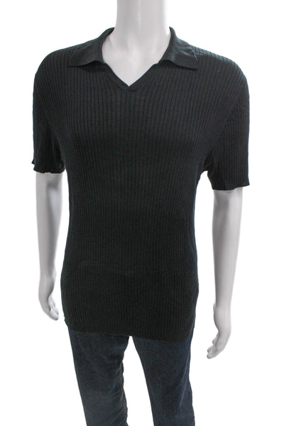 Armani Collezioni Mens Collared Silk Striped T-Shirt Black Short Sleeve Size XL