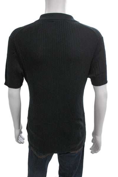 Armani Collezioni Mens Collared Silk Striped T-Shirt Black Short Sleeve Size XL