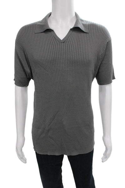 Armani Collezioni Mens Silk Striped V-Neck Polo Short Sleeve Gray Size 2XL