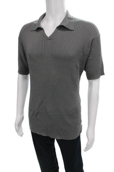 Armani Collezioni Mens Silk Striped V-Neck Polo Short Sleeve Gray Size 2XL