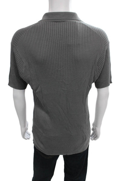 Armani Collezioni Mens Silk Striped V-Neck Polo Short Sleeve Gray Size 2XL
