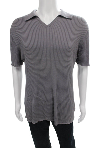 Armani Collezioni Mens Silk Striped Polo Gray Short Sleeve Size 2XL