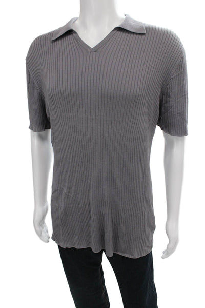 Armani Collezioni Mens Silk Striped Polo Gray Short Sleeve Size 2XL
