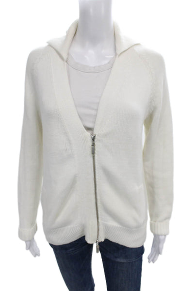 Repeat Women Cardigan Collared Cotton Long Sleeve White Solid Size S