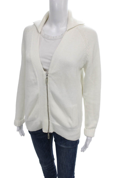 Repeat Women Cardigan Collared Cotton Long Sleeve White Solid Size S