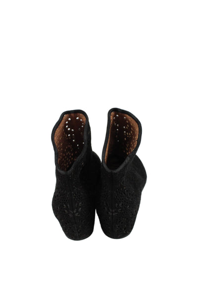Alaia Womens Suede Eyelet Low Wedge Ankle Boots Black Size 36 6
