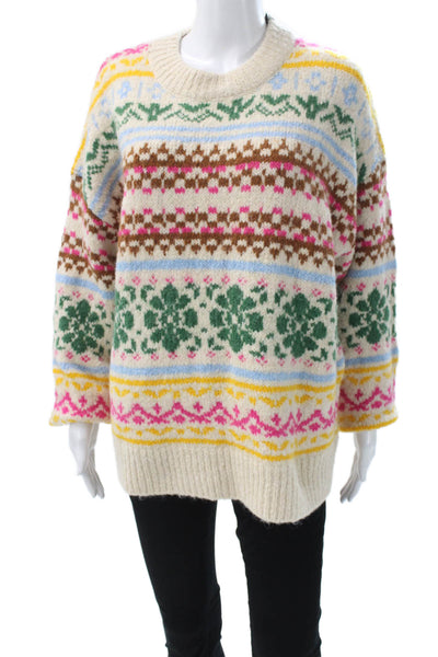 Zara Womens Fair Isle Wool Blend Pullover Sweater Crew Neck Multicolor Size M