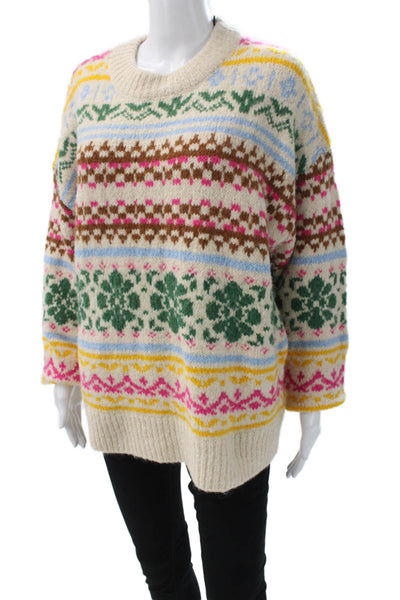 Zara Womens Fair Isle Wool Blend Pullover Sweater Crew Neck Multicolor Size M