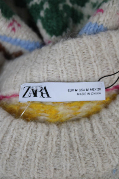 Zara Womens Fair Isle Wool Blend Pullover Sweater Crew Neck Multicolor Size M