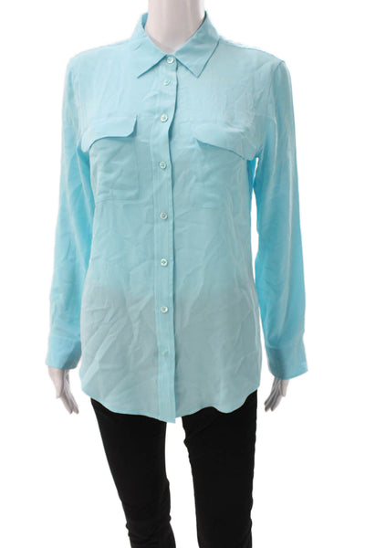 Equipment Femme Womens Blue Collared Button Long Sleeve Blouse Petite Size S
