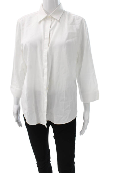 Faconnable Women White Cotton Collared 3/4 Sleeve Button Up Top Size L