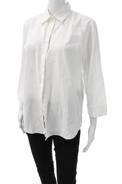 Faconnable Women White Cotton Collared 3/4 Sleeve Button Up Top Size L