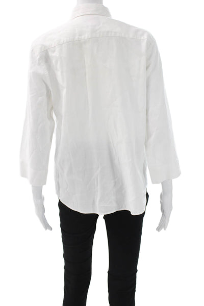 Faconnable Women White Cotton Collared 3/4 Sleeve Button Up Top Size L