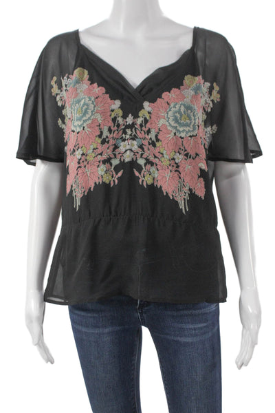 Comptoir Des Cotonniers Women Silk Floral V-Neck Short Sleeve Blouse Size 36