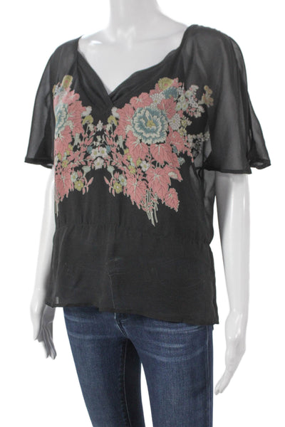 Comptoir Des Cotonniers Women Silk Floral V-Neck Short Sleeve Blouse Size 36