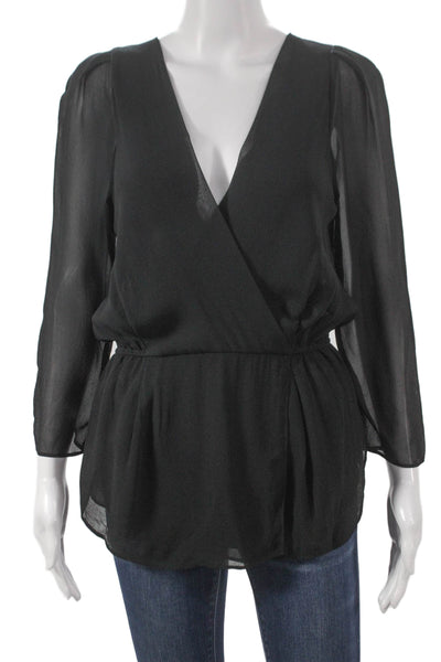 Babaton Womens Silk V-Neck Tunic Blouse Black 3/4 Sleeve Pullover Size S