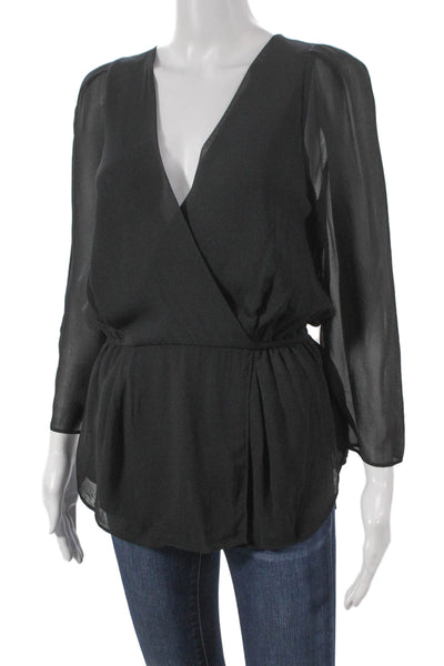 Babaton Womens Silk V-Neck Tunic Blouse Black 3/4 Sleeve Pullover Size S