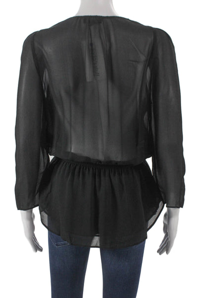 Babaton Womens Silk V-Neck Tunic Blouse Black 3/4 Sleeve Pullover Size S