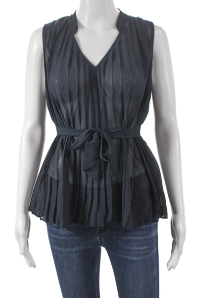 Frame Women Basic Sleeveless V-Neck Blue Polyester Tie Blouse Size S
