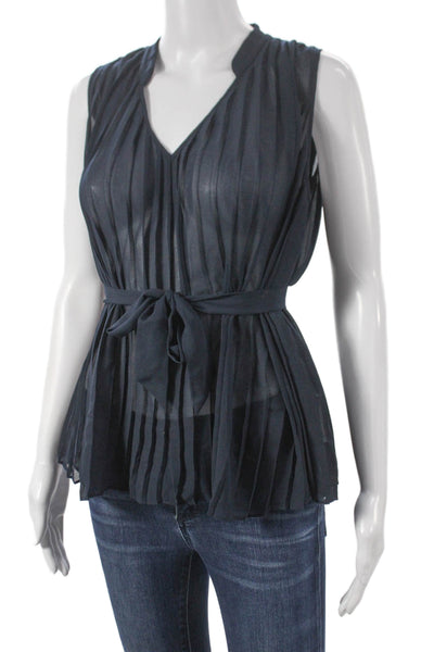 Frame Women Basic Sleeveless V-Neck Blue Polyester Tie Blouse Size S