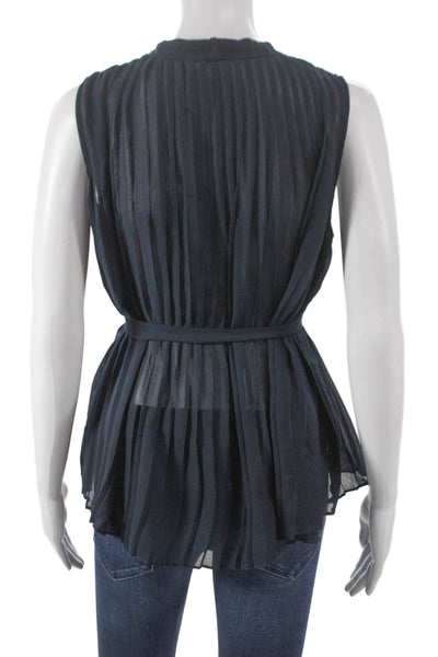 Frame Women Basic Sleeveless V-Neck Blue Polyester Tie Blouse Size S