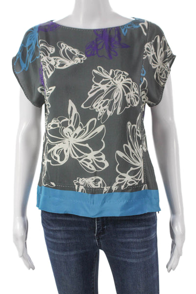 Boss Hugo Boss Women Silk Floral Boat Neck Zip Blouse Short Sleeve Size 6