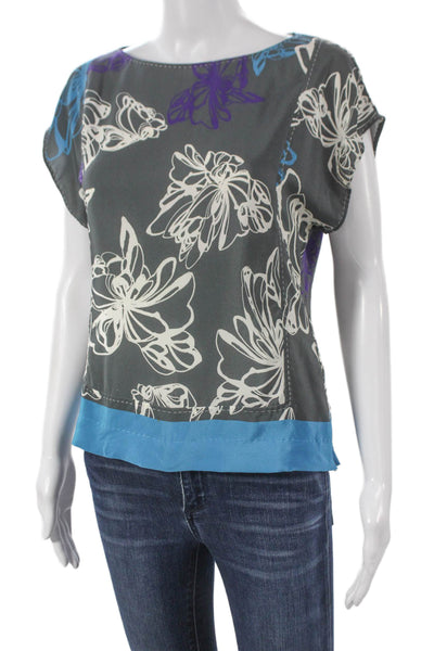 Boss Hugo Boss Women Silk Floral Boat Neck Zip Blouse Short Sleeve Size 6