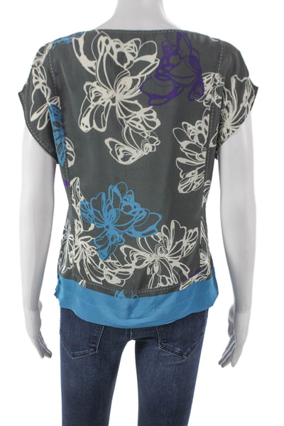 Boss Hugo Boss Women Silk Floral Boat Neck Zip Blouse Short Sleeve Size 6