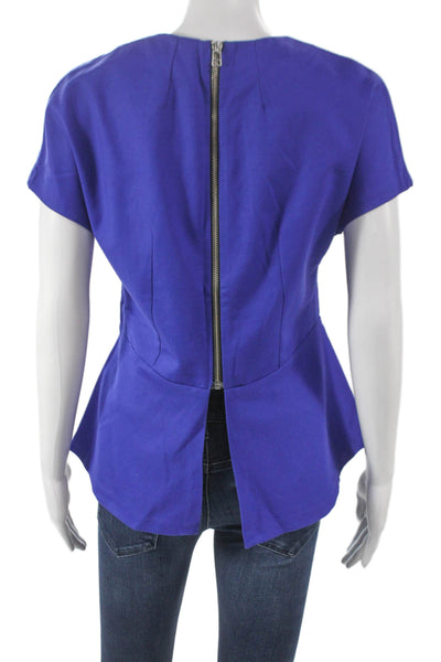 T. Babaton Women Basic Blue Zip Short Sleeve Round Neck Blouse Size 6