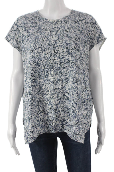 M.M. Lafleur Women Blue Geometric Short Sleeve Button Basic Blouse Size M