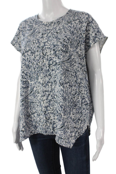 M.M. Lafleur Women Blue Geometric Short Sleeve Button Basic Blouse Size M