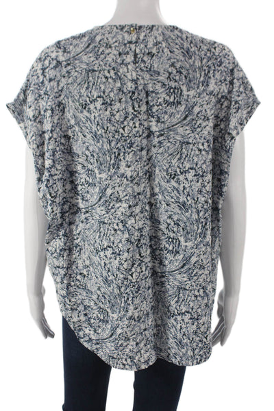 M.M. Lafleur Women Blue Geometric Short Sleeve Button Basic Blouse Size M