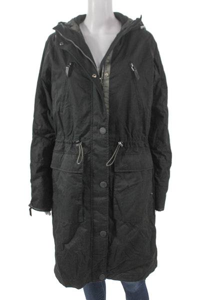Designer Women Black Cotton Parka Coat Button Long Sleeve Size M