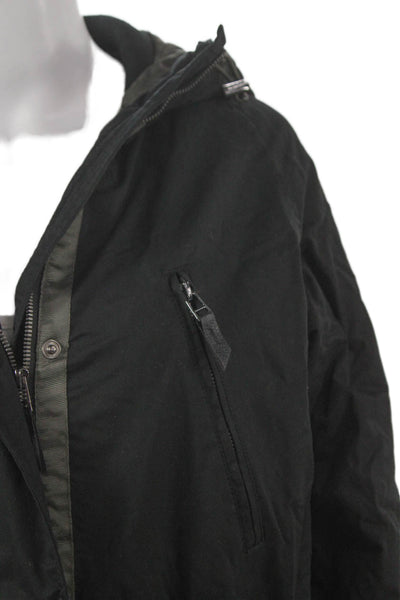 Designer Women Black Cotton Parka Coat Button Long Sleeve Size M