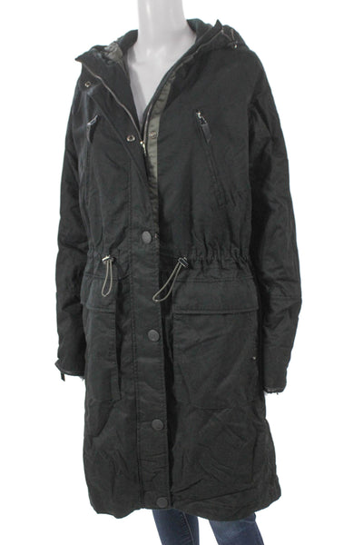 Designer Women Black Cotton Parka Coat Button Long Sleeve Size M