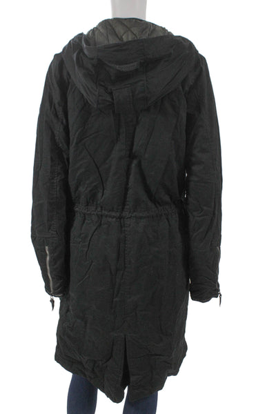 Designer Women Black Cotton Parka Coat Button Long Sleeve Size M
