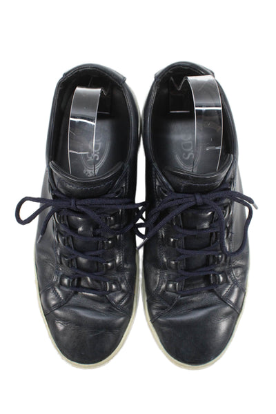 Tods Mens Leather Lace Up Low Top Sneakers Navy Blue Size 8.5