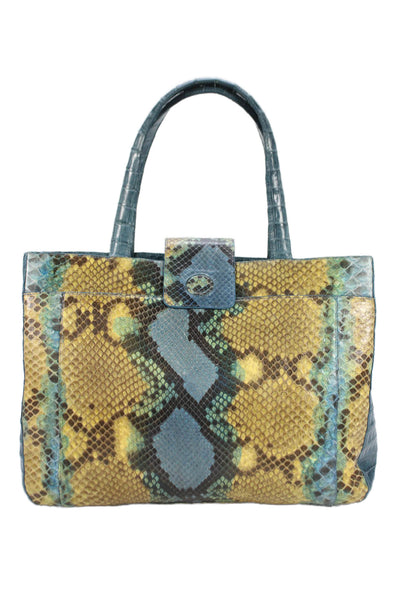 Nancy Gonzalez Womens Leather Animal Print Top Handle Handbag Blue
