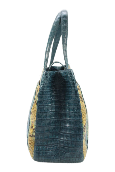 Nancy Gonzalez Womens Leather Animal Print Top Handle Handbag Blue