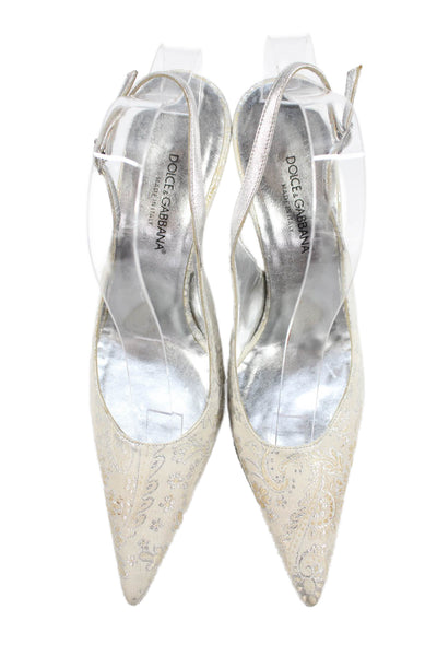 Dolce & Gabbana Womens Metallic Paisley Slingbacks Heels Shoes Cream Size 8.5