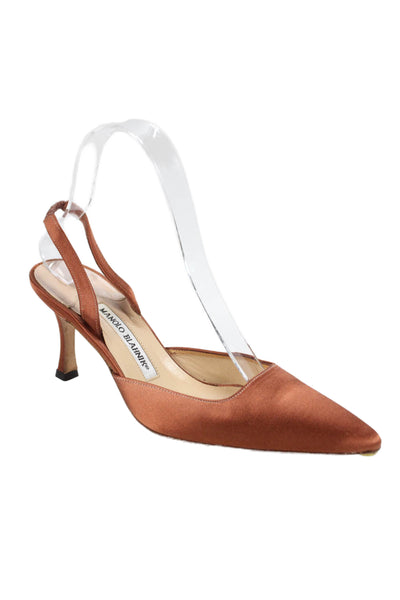 Manolo Blahnik Womens Leather Pointed Toe Slingbacks Heels Shoes Brown Size 7.5