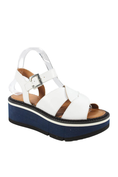 Clergerie Womens Leather Crisscross Platform Ankle Strap Shoes White Blue Sz 7.5