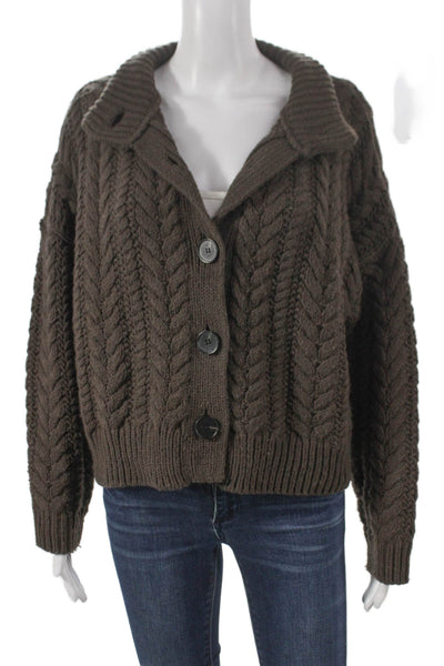 Something Navy Women Cardigan Brown Cable Collared Long Sleeve 50% Wool Size S