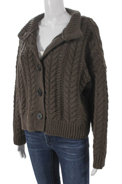 Something Navy Women Cardigan Brown Cable Collared Long Sleeve 50% Wool Size S