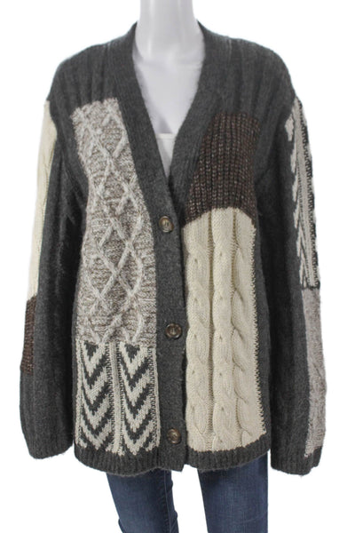 Zara Women Cardigan Multicolor V-Neck Geometric Long Sleeve Polyester Size M