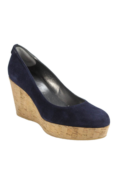 Stuart Weitzman Womens Slip On Wedge Heel Platform York Pumps Navy Suede 7.5